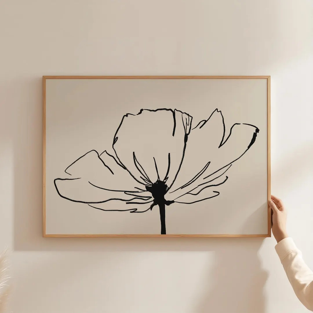 Flower Print, Minimalist Flower Poster, Earth Tones Botanical, Black Beige Floral Print, Living R... | Etsy (US)
