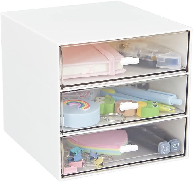 Desk Organizer with 3 Drawers, Clear Plastic Desk Storage Box, Desktop Organization for Office Su... | Amazon (US)