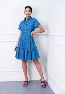 Vestido Sisal Jeans Midi de Manga Curta e Babados Blue Jeans Neide | Dafiti (BR)
