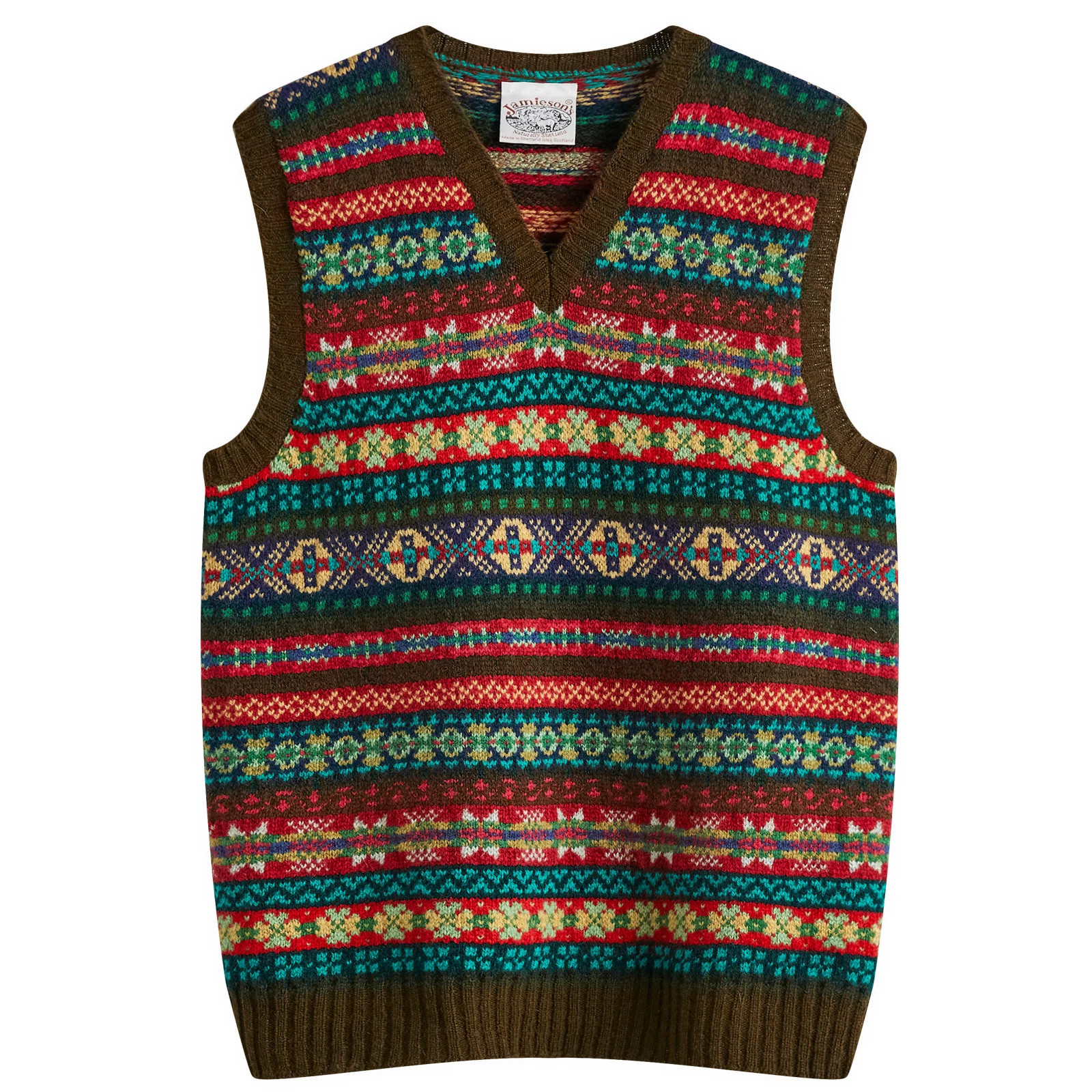 Jamieson's of Shetland Men's Fair Isle V-Neck Vest in Olive, Size Medium | END. Clothing