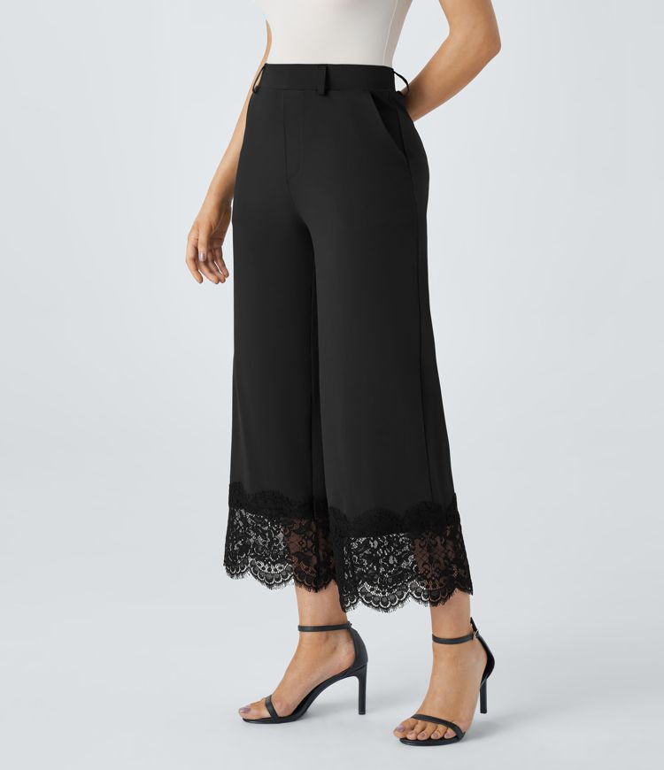 Women’s HaloTek Air™ High Waisted Side Pocket Wide Leg Lace Hem Work Pants - Halara | HALARA