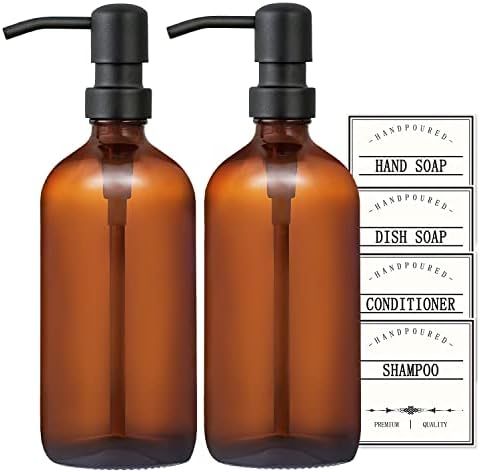 GMISUN 16oz Amber Glass Soap Dispenser with Rustproof Matte Black Stainless Steel Pump & Labels,2... | Amazon (US)