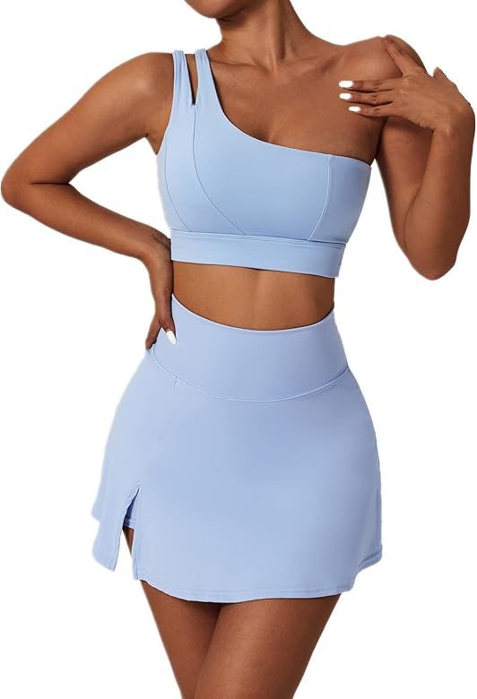 Women's Tennis Skirts Sport Bra Sets High Waisted Golf Skorts Skirt One Shoulder Sports Bra Running  | Amazon (US)