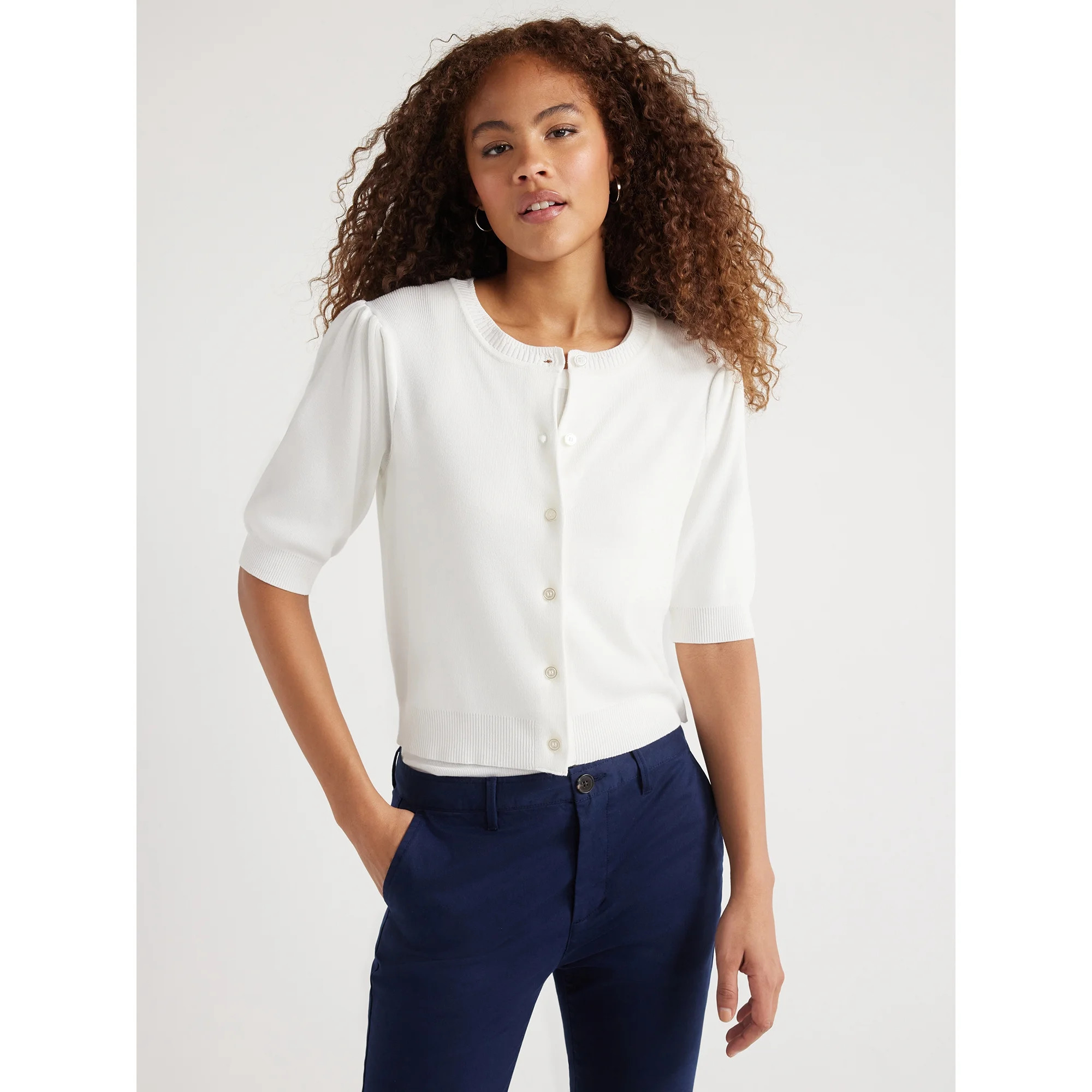 Free Assembly Women's Cardigan Sweater with Short Puff Sleeves, Midweight, Sizes XS-XXL | Walmart (US)