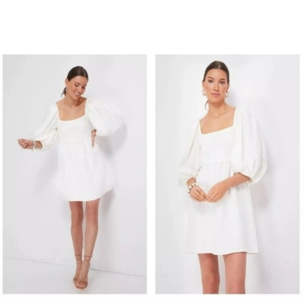 Tuckernuck Annie Smocked Mini Dress Puff Sleeves Square Neck Linen Size M | Poshmark