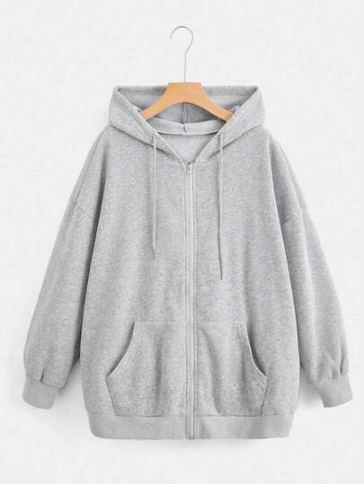 SHEIN EZwear Plus Zip Up Drop Shoulder Drawstring Hoodie | SHEIN