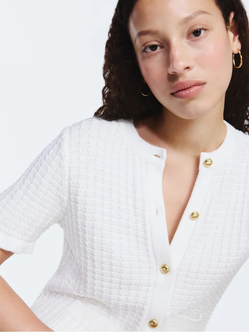 Free Assembly Women's Cotton Basketweave Cardigan Sweater with Short Ruffle Sleeves, Lightweight,... | Walmart (US)