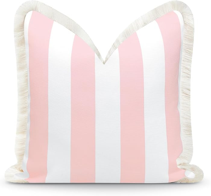 Hofdeco Premium Coastal Patio Indoor Outdoor Pillow Cover Only, 20"x20" Water Repellent for Backyard, Couch, Blush Pink Stripe Fringe | Amazon (US)