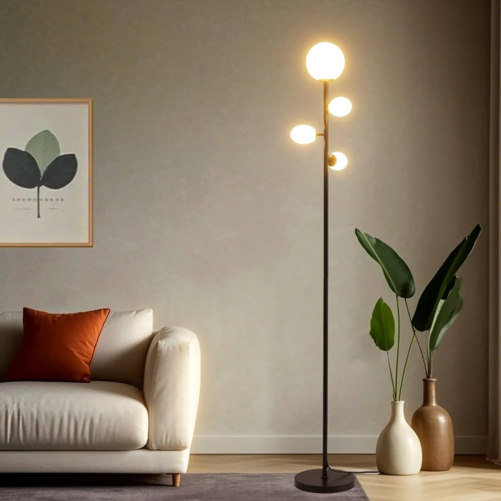 Fiqevs 4 Globe Mid Century Floor Lamp with LED Bulbs & Frosted Glass Lampshade, Modern Black Tree... | Amazon (US)
