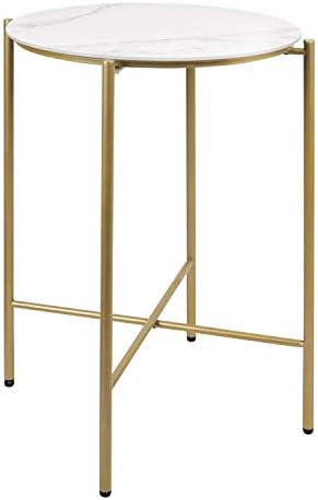 Modern Round End Table with Brass Gold Metal Frame, Tempered Glass Glazed Faux Marble Texture Fin... | Amazon (US)