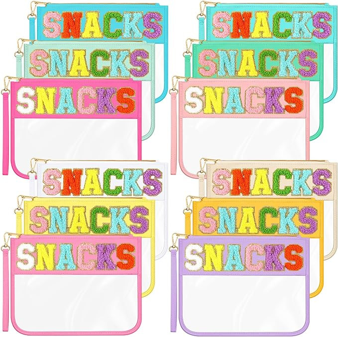 12 Pcs Chenille Letter Bag Snacks Pouch Clear Travel Makeup Bag with Wrist Strap Zipper Stuff Bag... | Amazon (US)