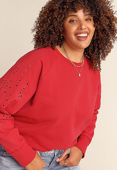 Plus Size Heart Eyelet Relaxed Fit Sweatshirt | Maurices
