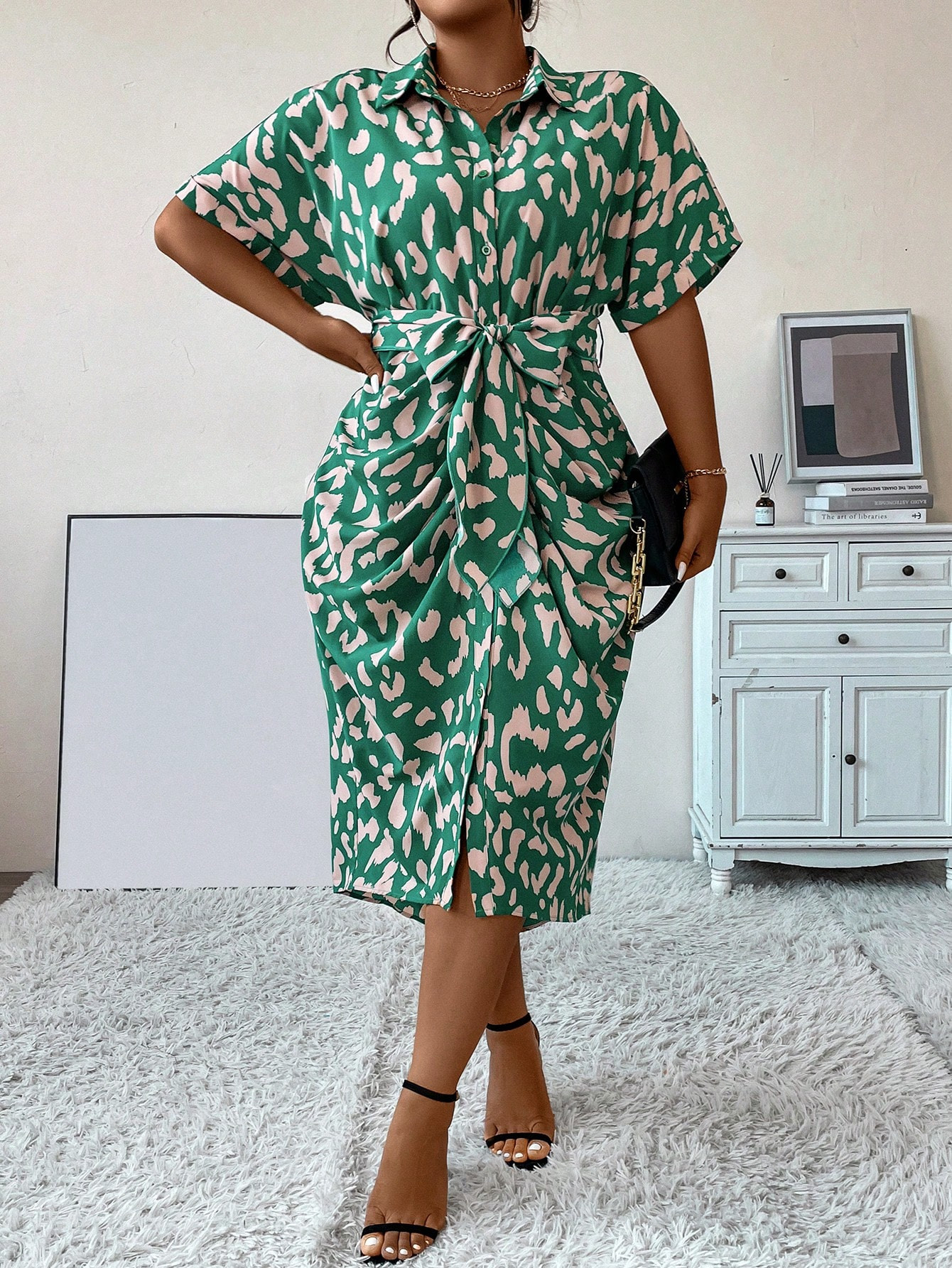 SHEIN Privé Plus Allover Print Batwing Sleeve Ruched Belted Shirt Dress | SHEIN