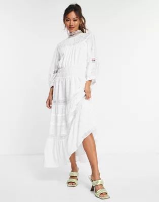 ASOS DESIGN high neck midi dress with lace inserts in grid texture in white | ASOS (Global)