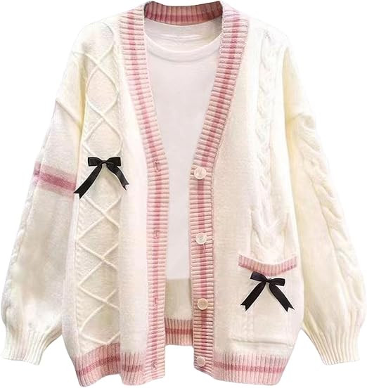 ebossy Womens Kawaii Cute Bowknot Cable Knit Cardigans Sheep V Neck Button Down Slouchy Preppy Wo... | Amazon (US)