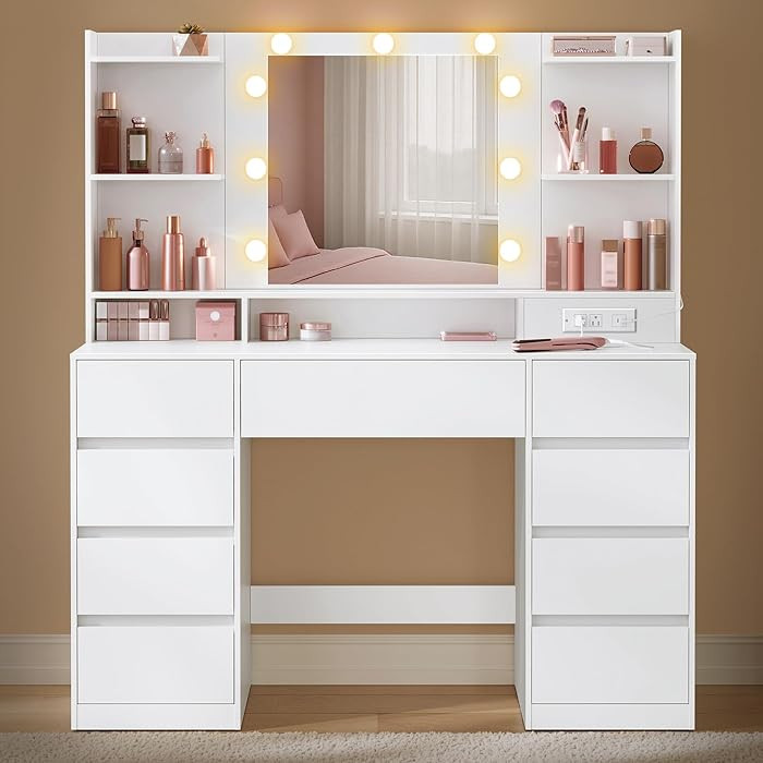 VASAGLE Kailyn Collection - Vanity Desk with Mirror and 9 LED Bulbs, Vanity Makeup Table with Pow... | Amazon (US)