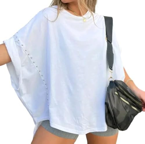 Womens Oversized Tshirts Batwing Short Sleeve Studded Tops Asymmetric Hem Summer Casual Loose Fit Shirts White | Amazon (US)