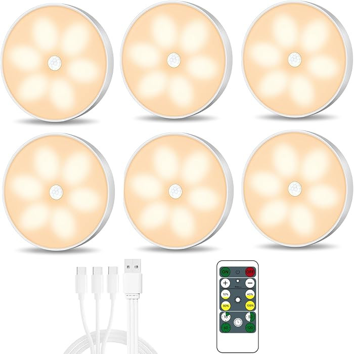 Warm Color LED Closet Lights Motion Sensor Puck Light, USB Rechargeable Battery Operated Puck Ste... | Amazon (US)
