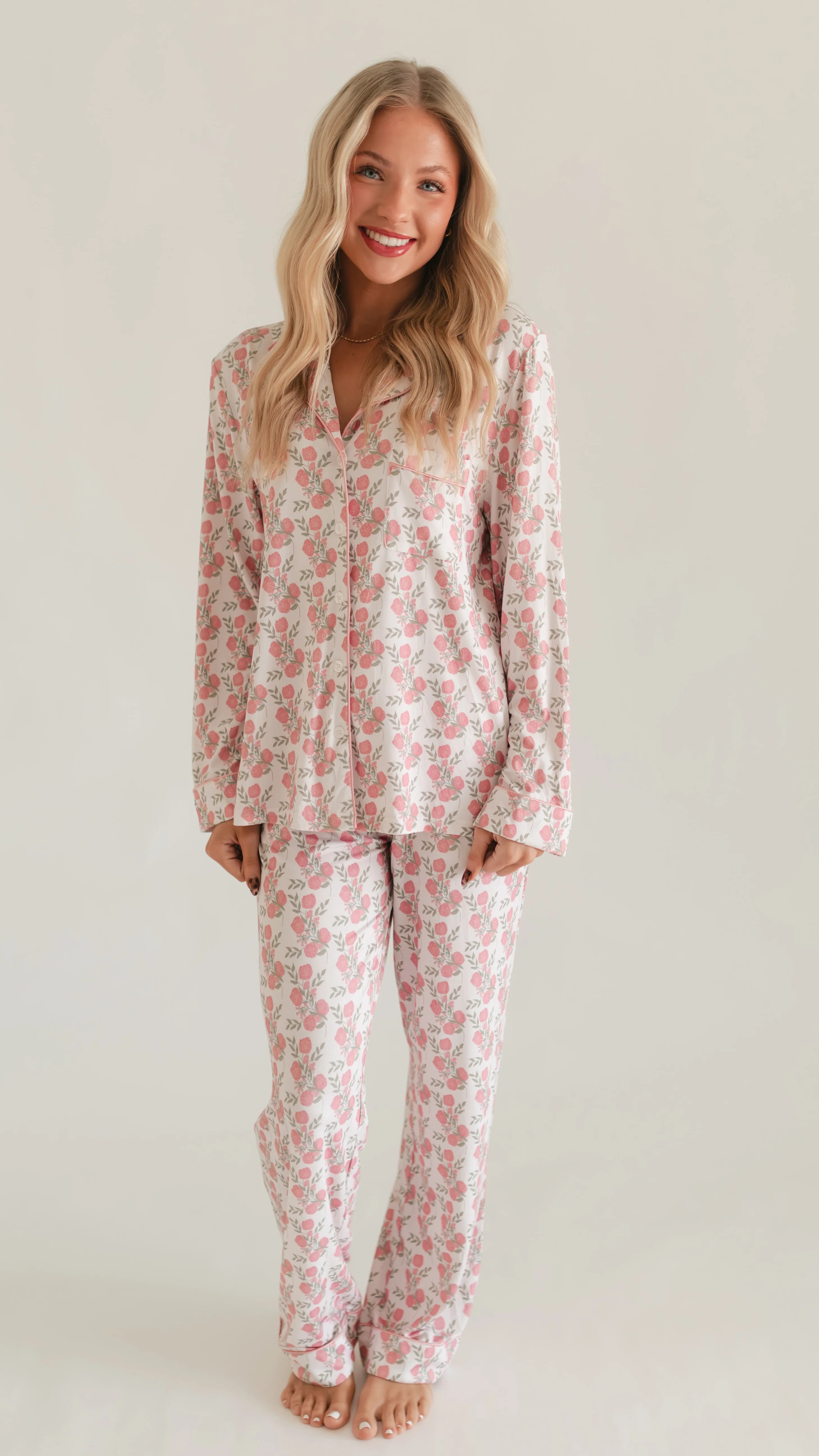 Women's Button Up Set In Pink Floral | Silks Design