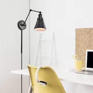 1-Light Black Plug-In/Hardwired Swing Arm Wall Lamp with 6 ft. Fabric Cord | The Home Depot