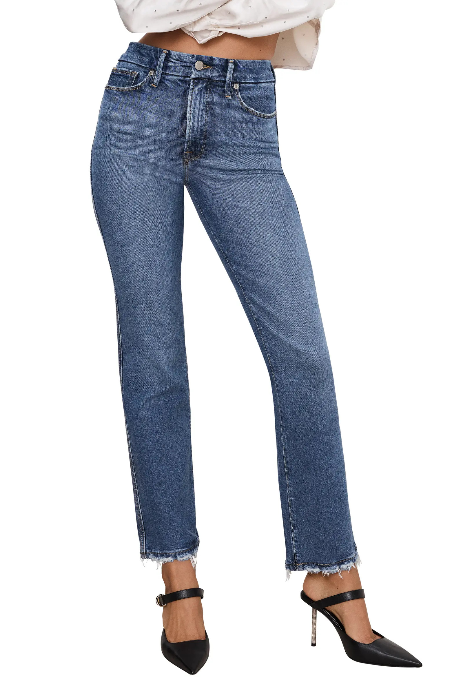 Good American Soft Tech Good Curve High Waist Ankle Straight Leg Jeans | Nordstrom | Nordstrom