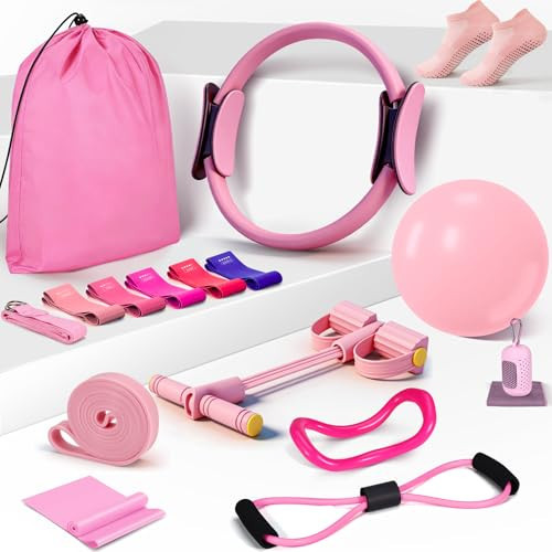 Pilates Essentials Kit for Women 15 Pcs Pilates Equipment for Home Workouts with Yoga Circle Ball Ring, 5 Resistance Bands,Pedal Puller Resistance Band,Anti Slip Socks for Starter Set,Pink | Amazon (US)