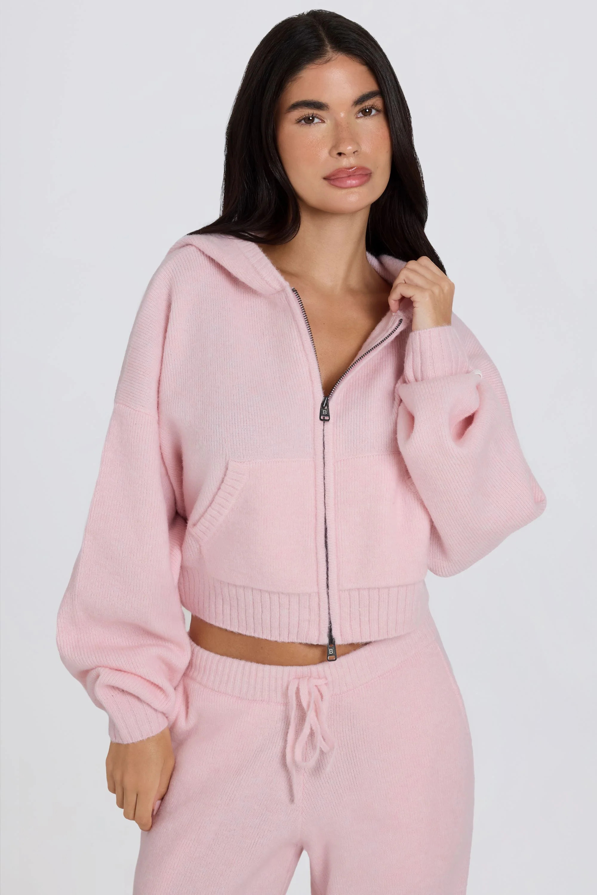 Soft Knit Zip-Up Cropped Hoodie in Soft Pink | Oh Polly