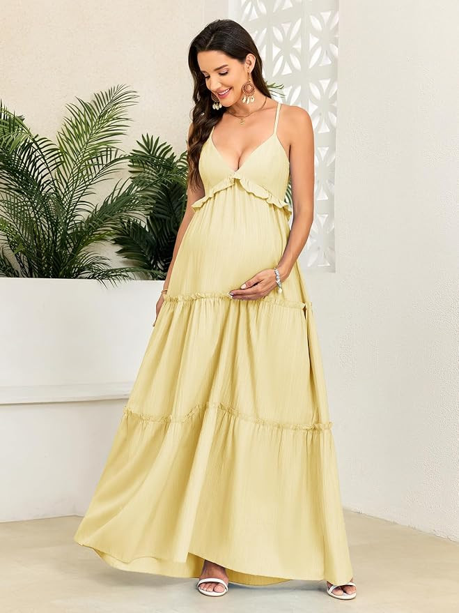 AISWI Maternity Summer Maxi Dress V Neck Bow Tie Casual Flowy Pregnancy Dresses for Baby Shower P... | Amazon (US)