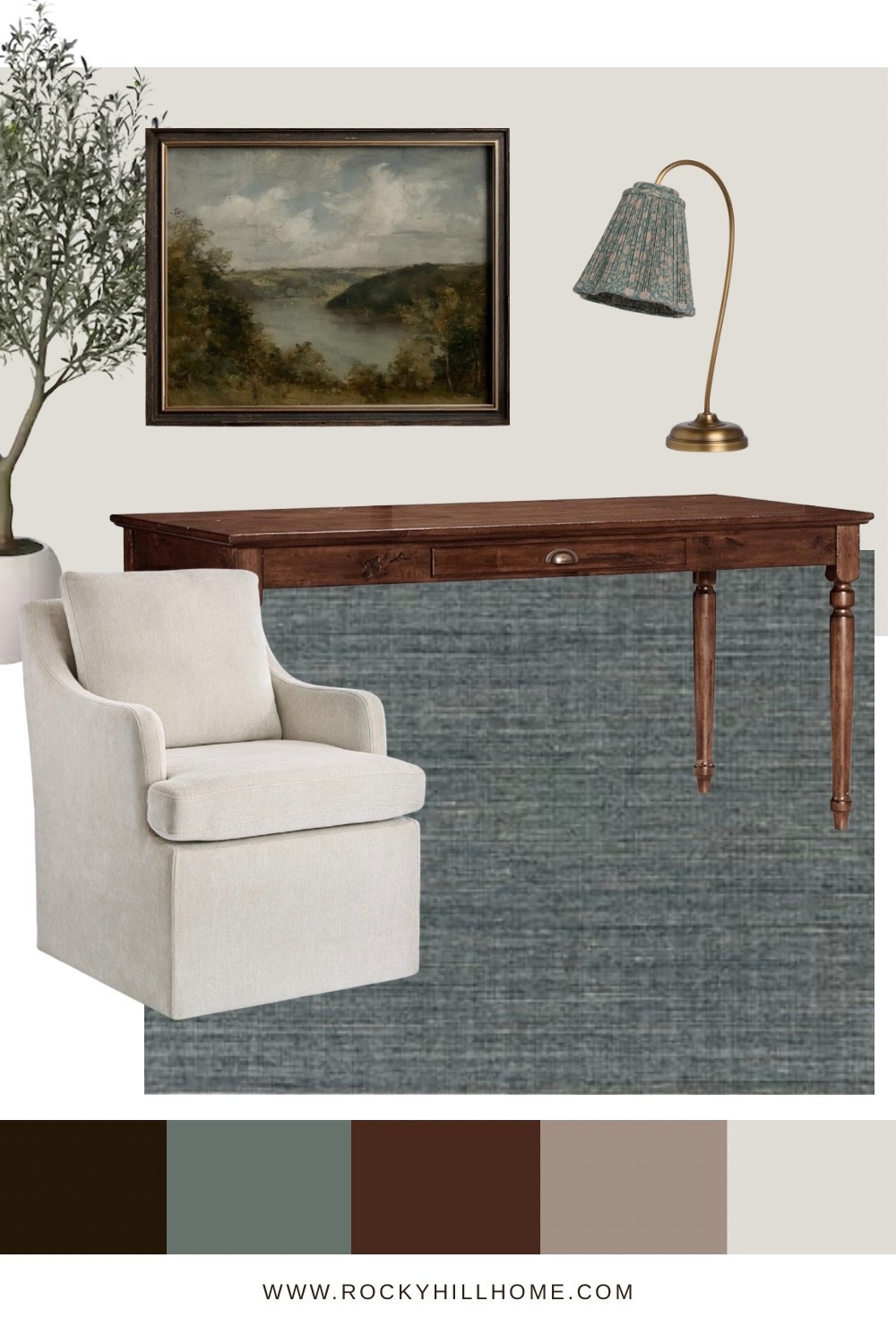 Modern Traditional, Transitional Cottage Home Office Mood Board with a warm wood traditional desk from Pottery Barn, slipcovered chair with casters, vintage art, patterned shade lamp from Lulu and Georgia, and blue rug

#LTKHome