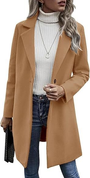 Cicy Bell Women's Notched Lapel Wool Pea Coat Long Sleeve Casual Mid-Long Overcoats | Amazon (US)