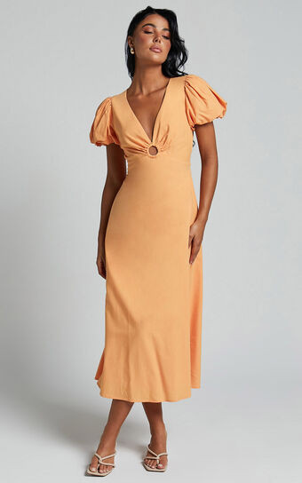 Cruz Midi Dress - Puff Sleeve Ring Cut Out Dress in Sherbet | Showpo (US, UK & Europe)