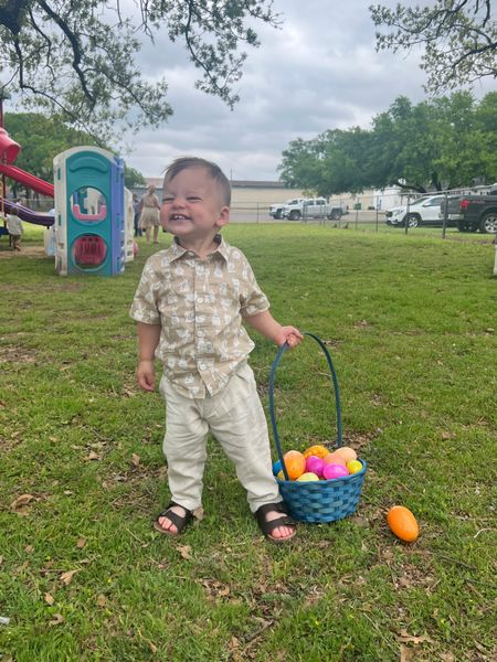 Bakers Easter Church outfit! Linen pants, baby sandals, and a button down bunny shirt. Also comes with a bow tie! So cute, all from Old Navy and 30% off! Summer outfit for toddlers.

#LTKbump #LTKbaby #LTKkids