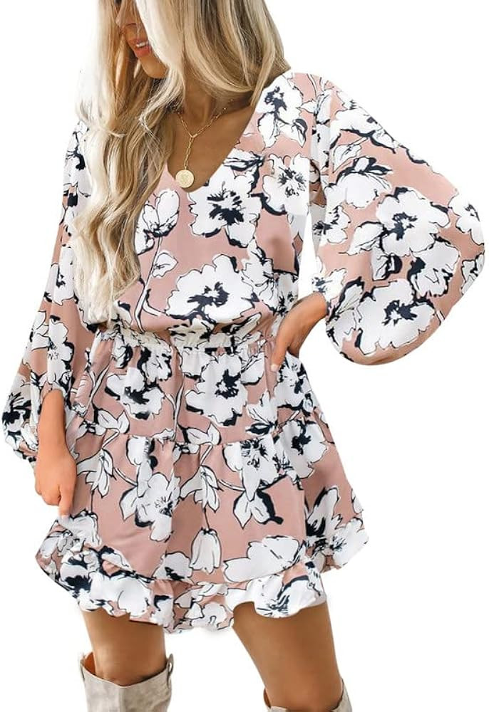 Dokotoo Womens 2023 Spring V Neck Ruffle Chiffon Elegant Mini Short Swing Skater Dresses | Amazon (US)