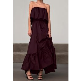 Easy Elegance Flap Strapless Ruffled Cotton Maxi Dress in Plum for Outdoor Parties & Casual Event... | Chicwish