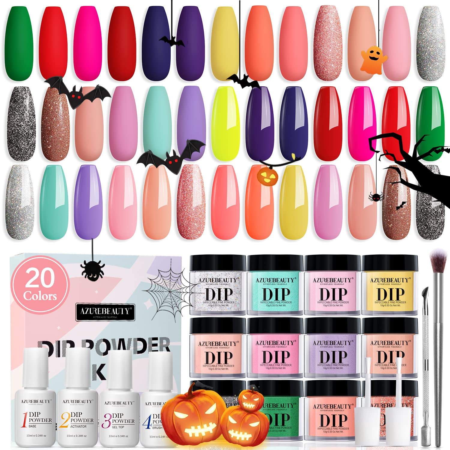 29 Pcs Dip Powder Nail Kit Starter, AZUREBEAUTY Halloween 20 Colors Orange Purple Yellow Neon Acryli | Amazon (US)