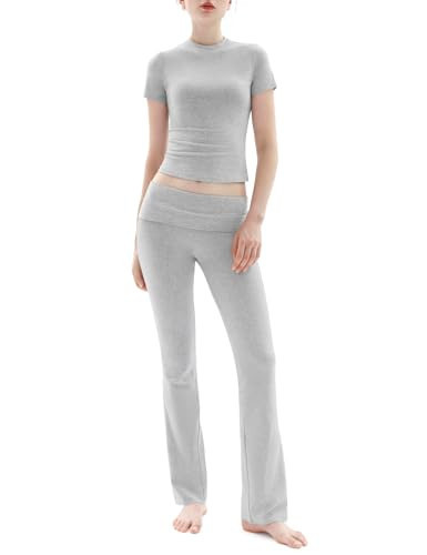 PUMIEY Lounge Sets for Women Two Piece Sets Fold-Over Flare Pants Crew Neck Short Sleeve T-shirts Loungewear Tracksuit, Heather Grey Medium | Amazon (US)