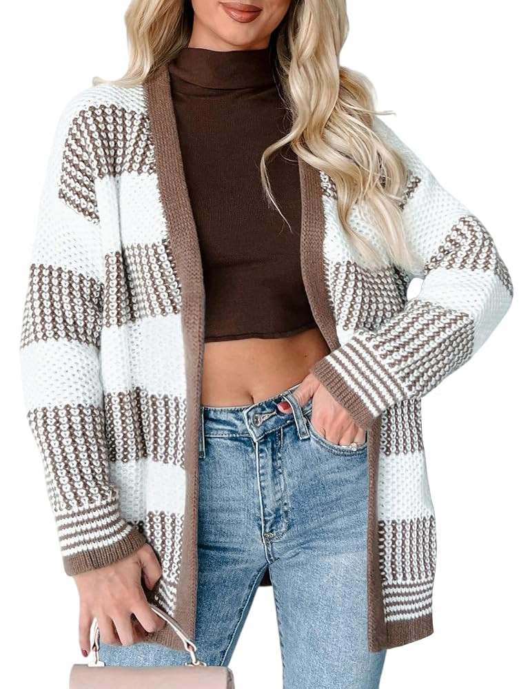 VIMPUNEC Fall Cardigan Sweaters for Women Color Block Knit Striped Jackets Long Sleeve Open Front... | Amazon (US)