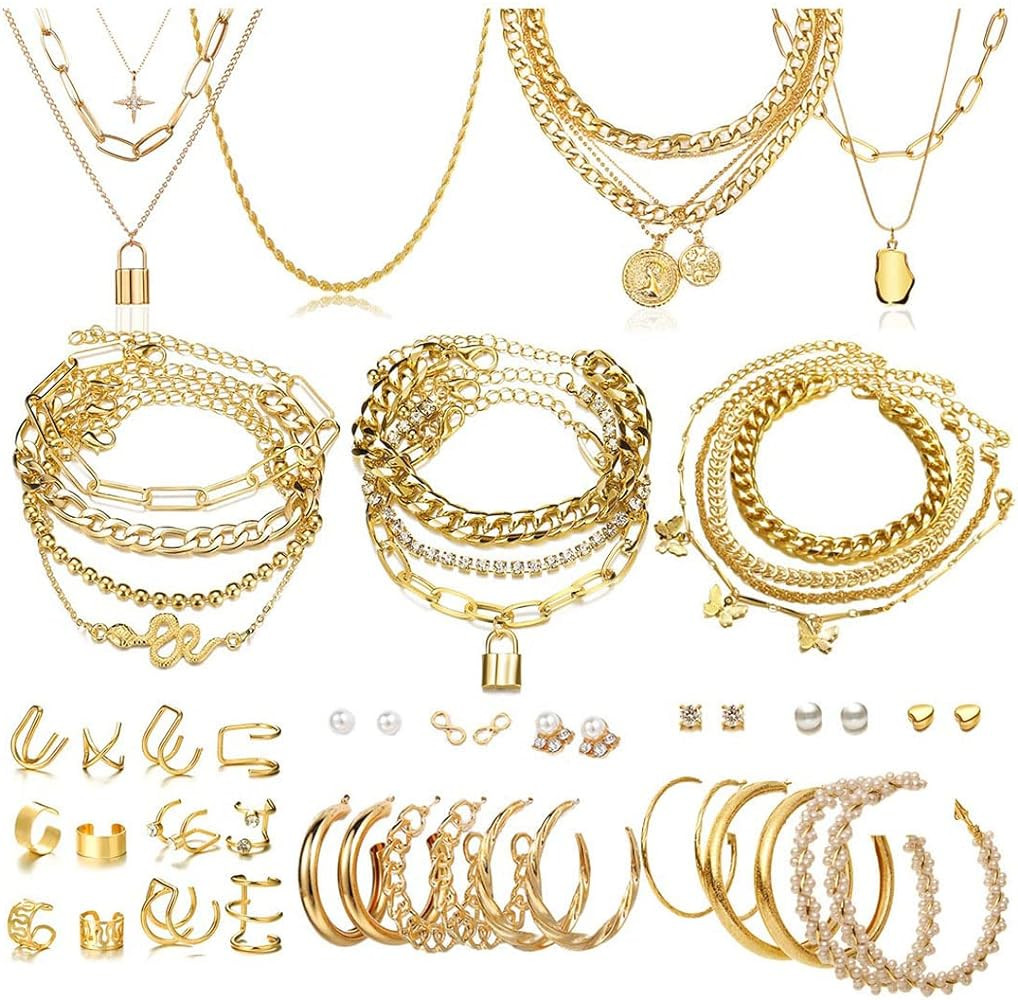 60 PCS Gold Jewelry Set with Multi-Layered Bracelet Necklace, Dangle Earrings, Stackable Ring For... | Amazon (US)