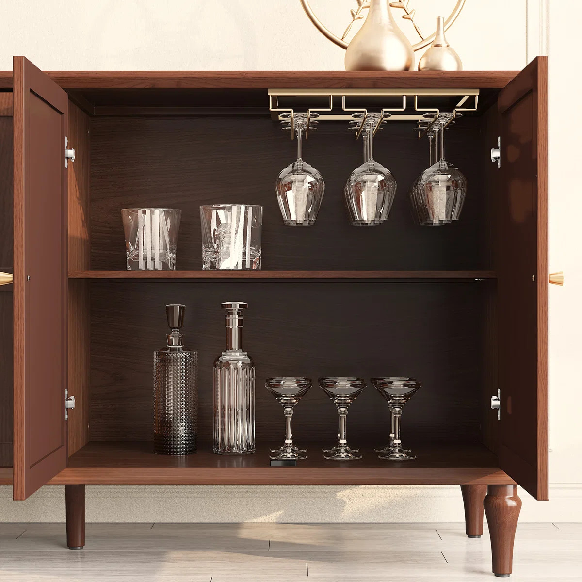 Gurbachan 58" Mid-Century 4-Door Cabinet with Adjustable Shelves and Removable Tall Wine Glass Ra... | Wayfair North America