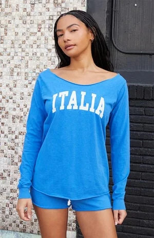 John Galt Electric Blue Italia Off-The-Shoulder Long Sleeve Top | PacSun