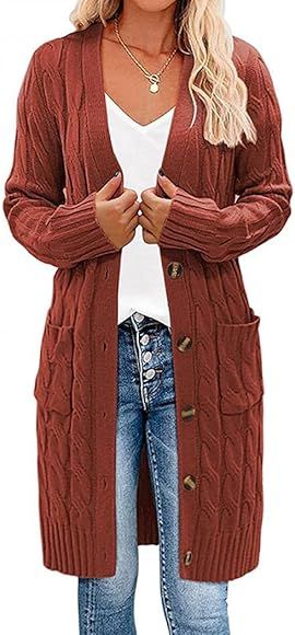 Tmore Womens Cardigan Sweater Long Sleeve Cableknit Open Front Button Outerwear Two Pockets | Amazon (CA)