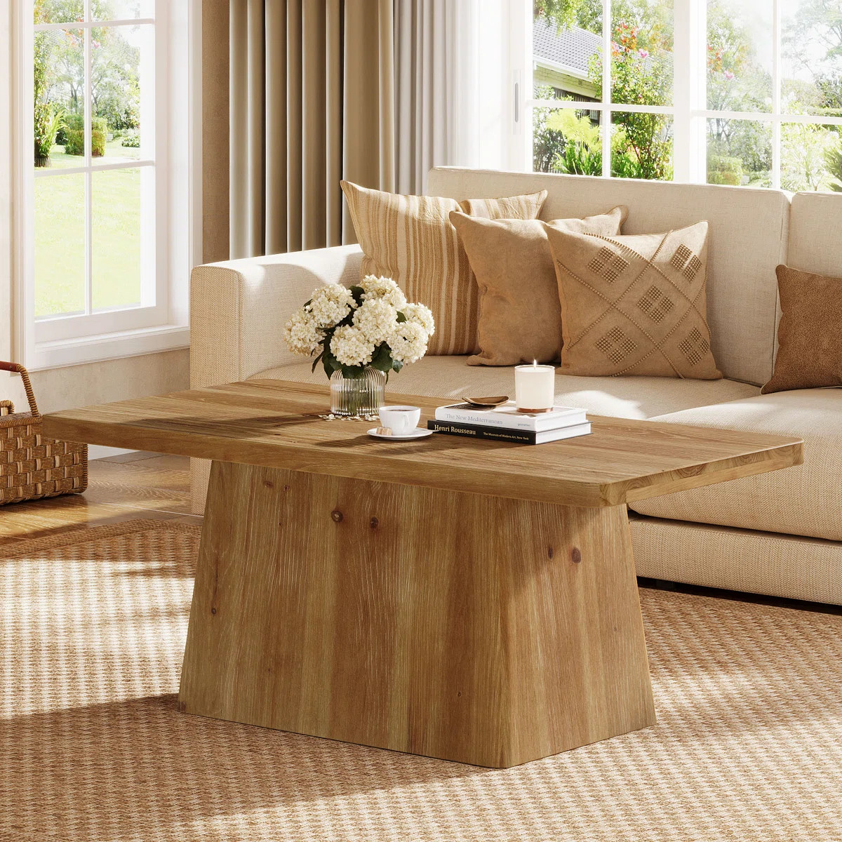 47-Inch Pedestal Coffee Table, Solid Wood Rectangular Center Table Living Room Table ,Farmhouse S... | Wayfair North America