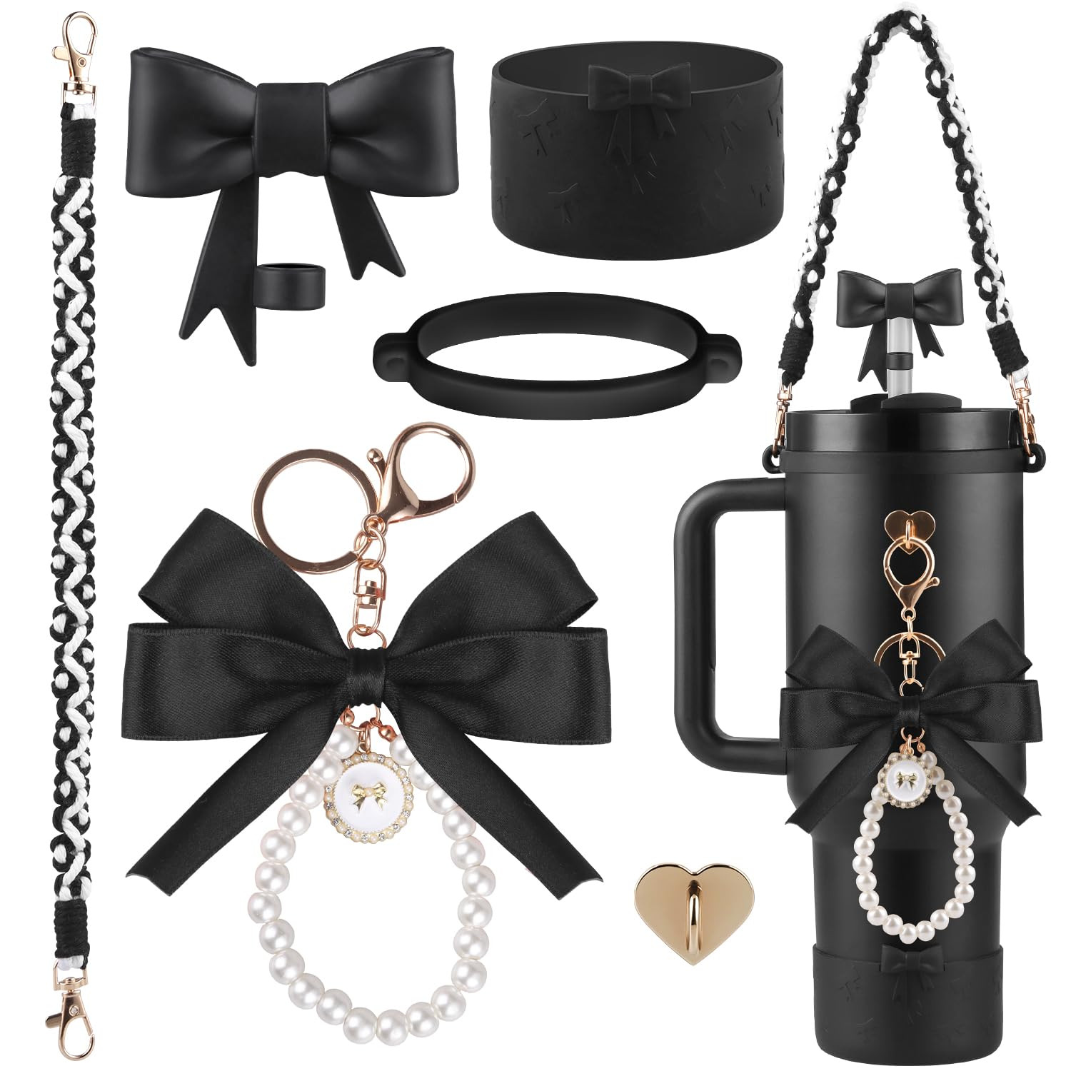 Black Accessories Set for Stanley Cup,Water Bottle Handle Strap, Siliocne Boot, Bow Straw Cover, ... | Amazon (US)