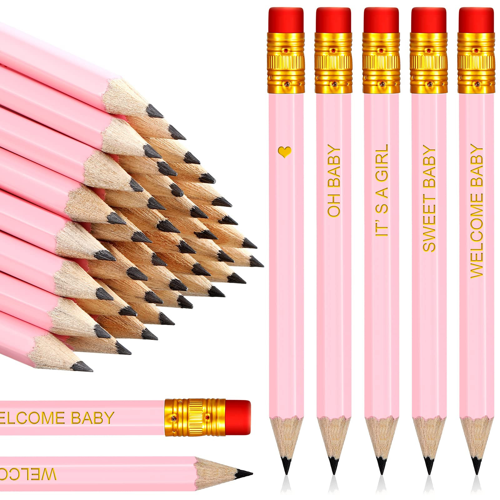 Crtiin 50 Pieces Baby Shower Pencils for Activities Mini Golf Half Pencils, Presharpened with Erasers, 4 Inch(Pink,Girl Style) | Amazon (US)