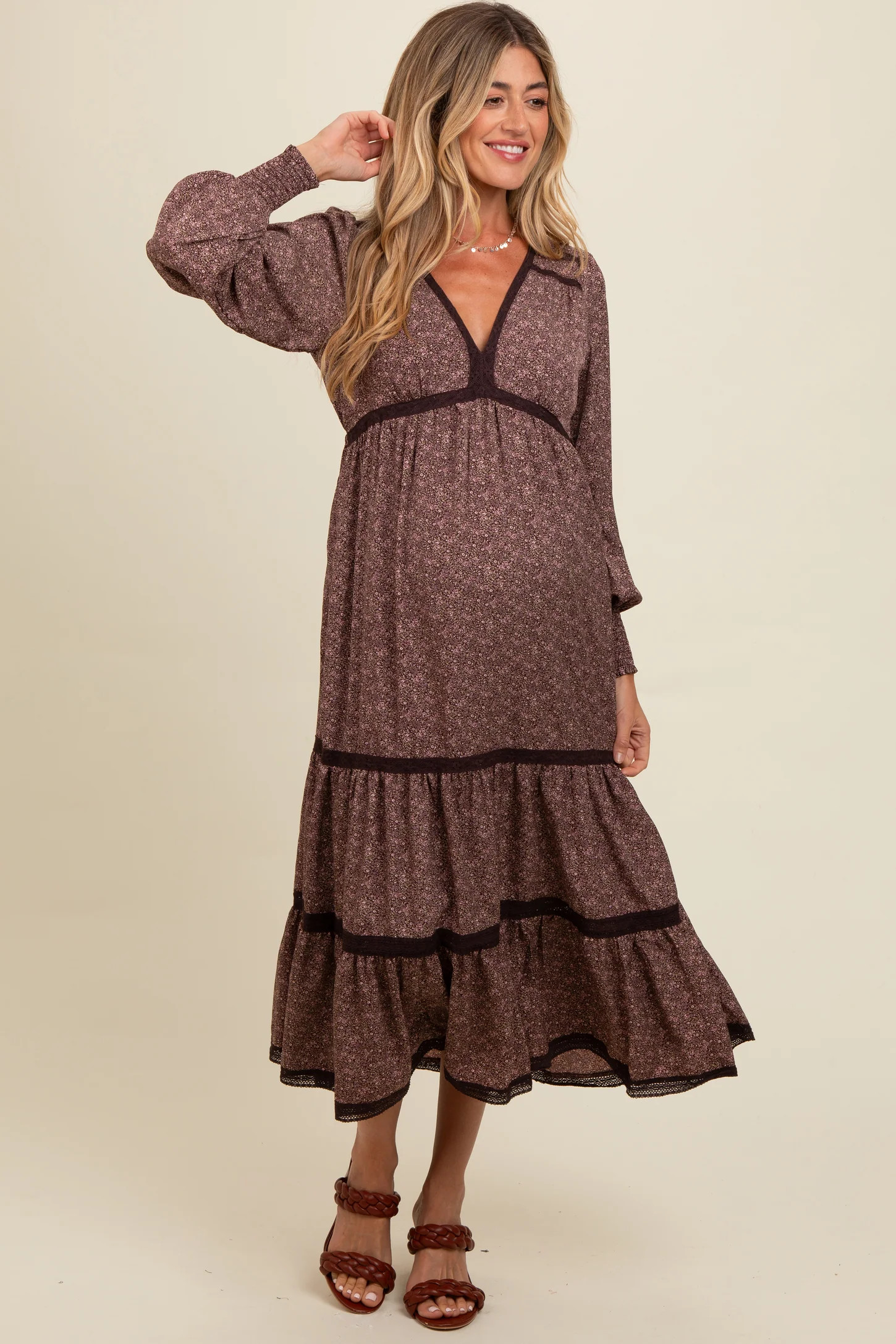 Brown Floral Lace Trim Bubble Sleeve Maternity Maxi Dress | PinkBlush Maternity