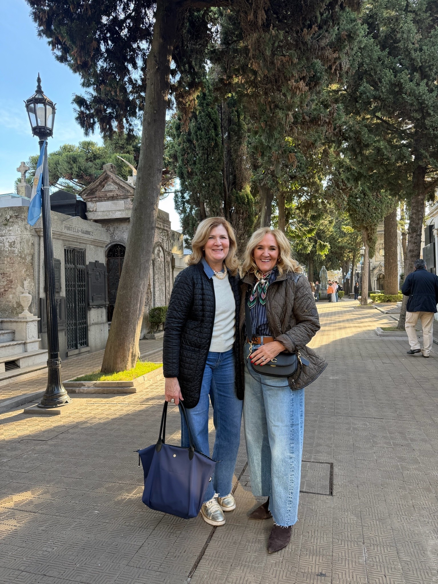 Visiting Buenos Aires and a bff! 
Layers are the best for travel 
Right: Jeans are very loose fit size 29 
Striped shirt small petite 
Jacket medium it does not have a lot of room so size up if you want to wear a layer 
Left: Paige anessa jeans 
Cashmere sweater fitted 
Longchamp bag

#LTKOver40 #LTKootd #LTKTravel
