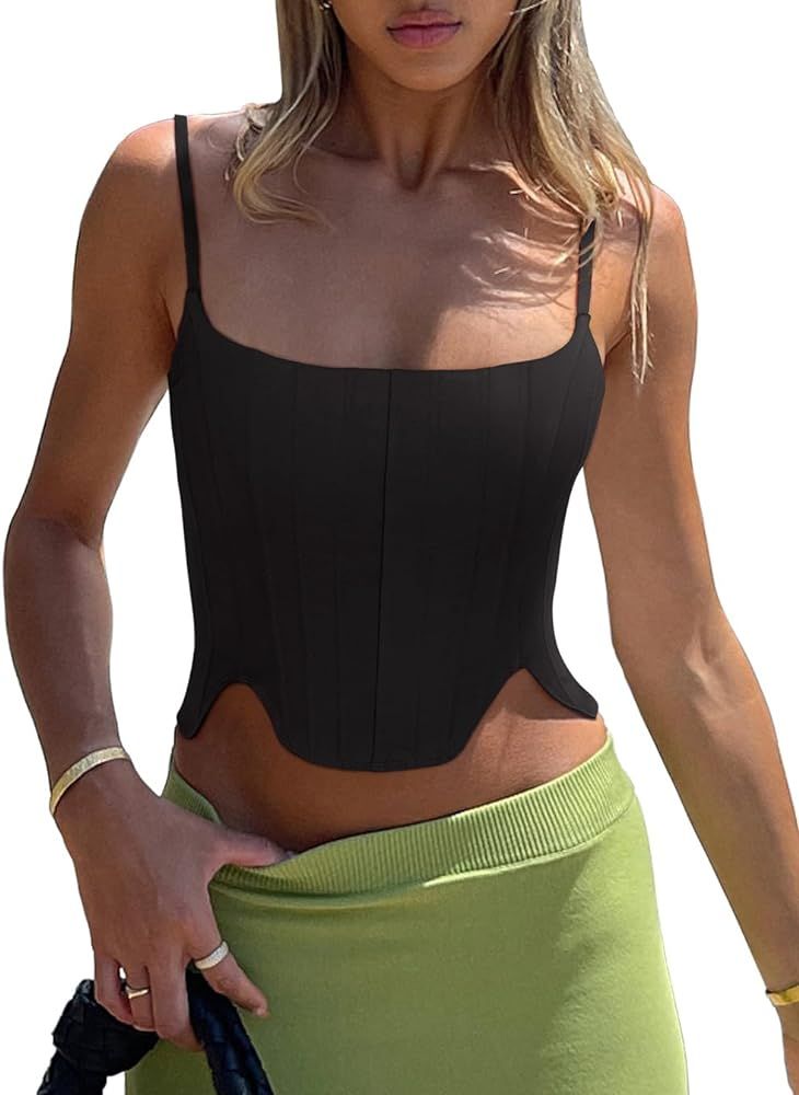 REORIA Women's Sexy Square Neck Sleeveless Adjustable Spaghetti Strap Corset Tank Crop Tops | Amazon (US)