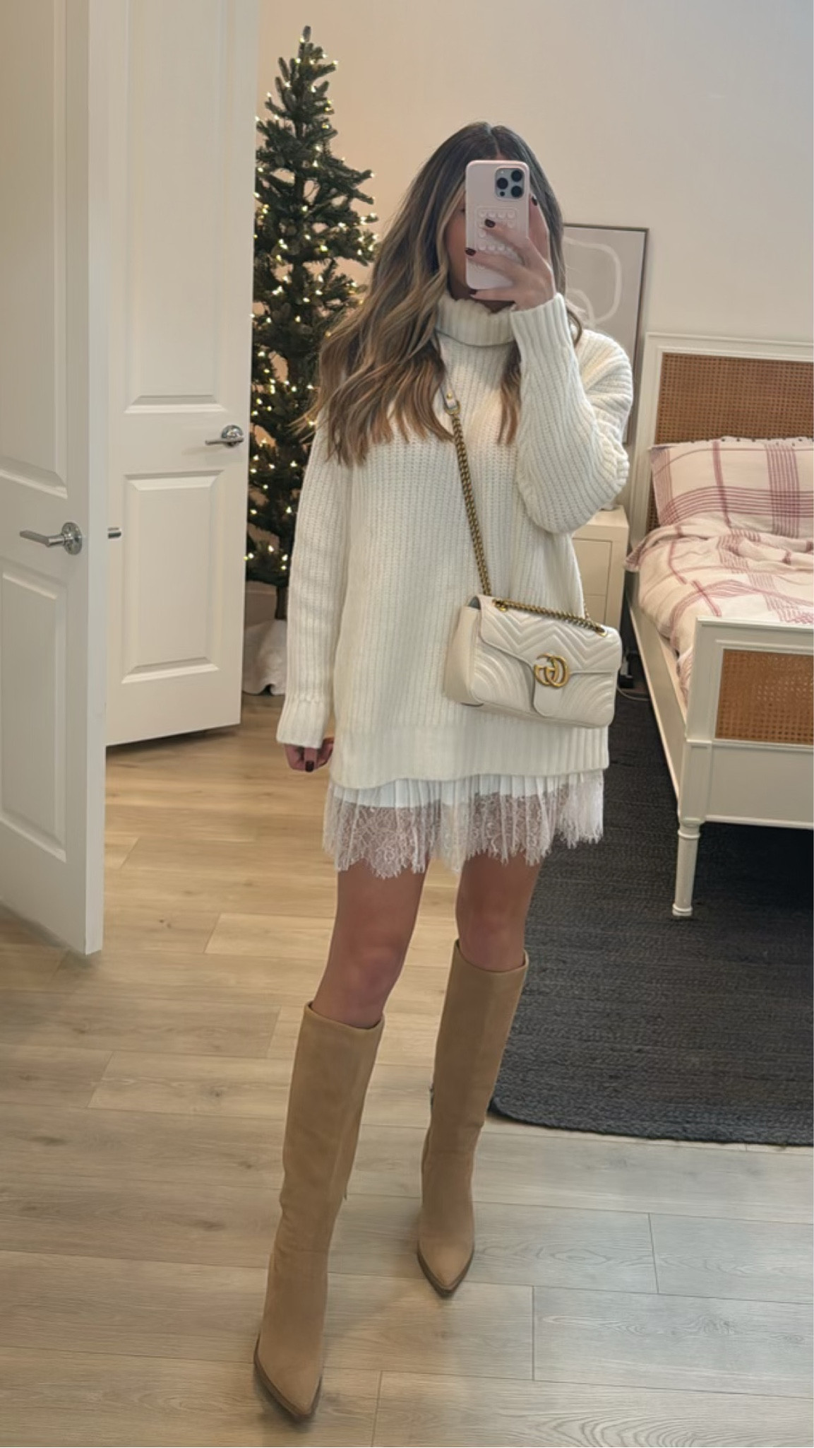 Holiday Outfit & Bedding 🎄 my boots are sold out but linking some from Amazon that have a similar look! I’m loving the slip under sweater trend ❤️

#holiday #sweater #christmas #outfit #style #bedding #bedroom #christmastree #tree #rug #bedframe #holidayhome 

#LTKStyleTip #LTKHoliday #LTKHome