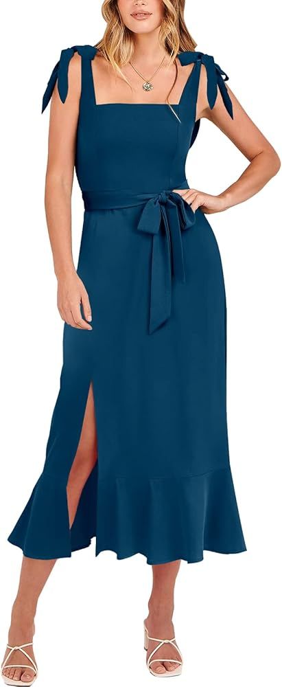 Women's Elegant Bridesmaid Dresses Square Neck Ruffle Split Midi Formal Dress for Wedding Guest C... | Amazon (US)