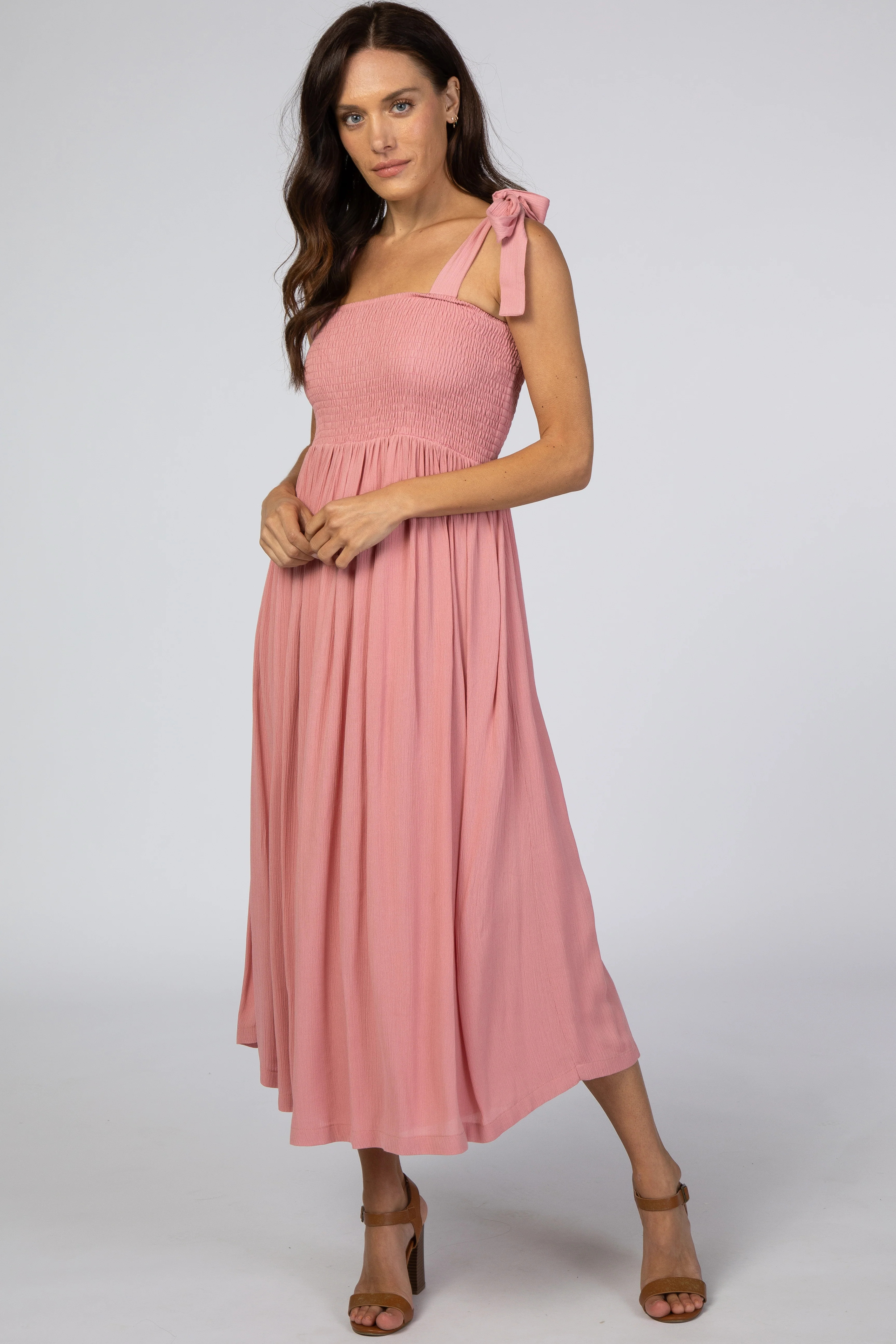 Pink Smocked Tie Strap Midi Dress - Medium | PinkBlush Maternity